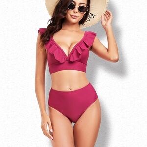 Ruffled V-Neck High-Waist Bikini Set - Magenta